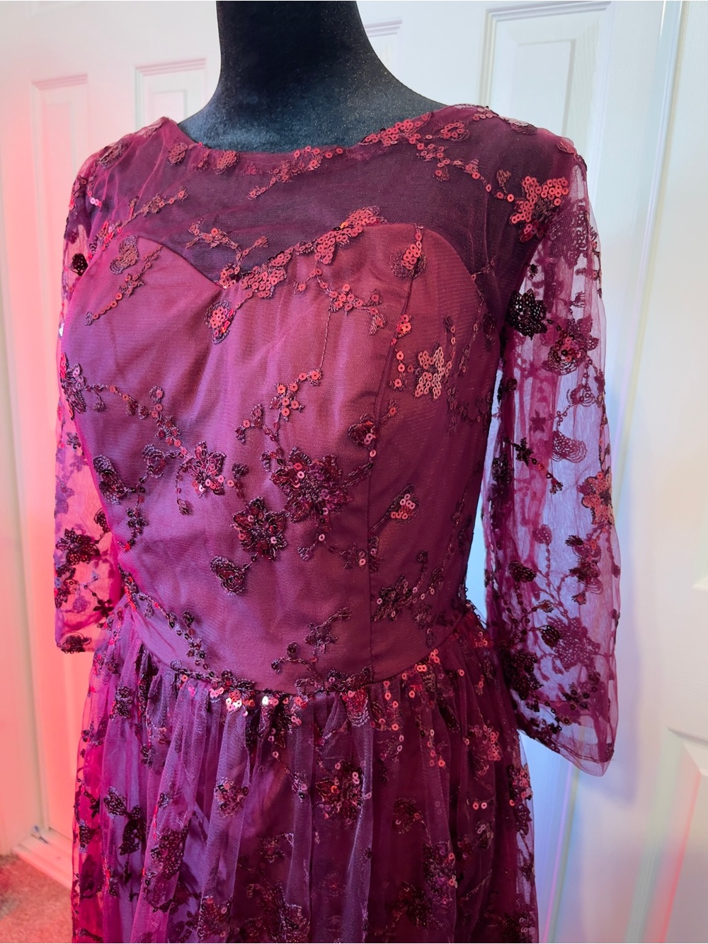 New Large Burgundy Sequin Floral Dress